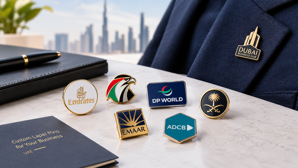Custom lapel pins for business in the UAE featuring corporate logos, gold metal finishes, and professional branded designs.